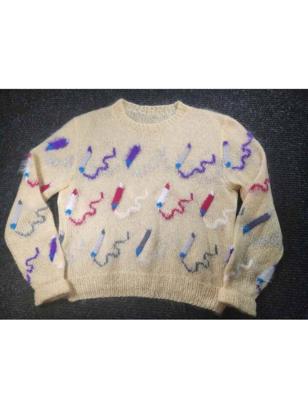 Vintage Fuzzy Knit Crayon Pattern Crewneck Sweater